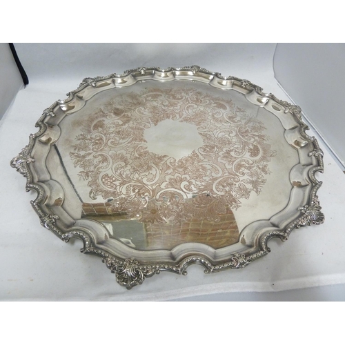 30 - A large silver plated two handled tray, of oval shape, 58cm max diam approx; and one large circular ... 