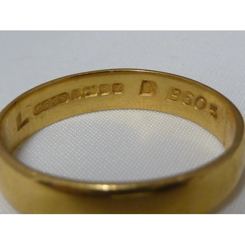 16 - Four gold wedding rings comprising: a 22ct yellow gold band, 5.5grms approx, ring size L; a 22ct yel... 