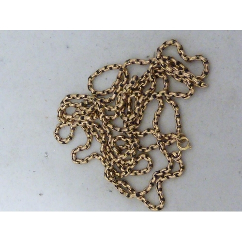 32 - A yellow metal muff chain, stamped 375 to clasp, belcher type link, 160cm approx, 49 grms approx