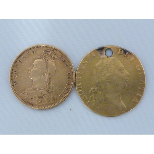 47 - A Victorian half sovereign gold coin, 1892, 4grms approx; and a George I 'Guinea', 4grms (2)