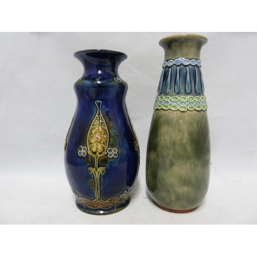 101 - Two Royal Doulton Stoneware vases, one of gourd form with flared neck, tubelined with Art Nouveau le... 