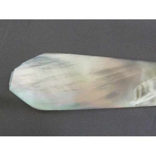 126 - A Regency mother of pearl letter knife, the handle formed as a neo-classical vase with acanthus leaf... 