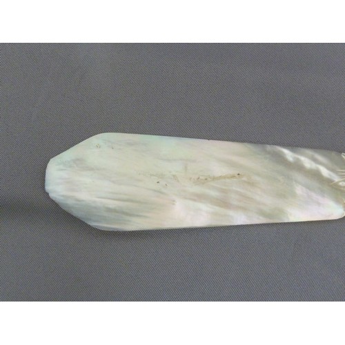 126 - A Regency mother of pearl letter knife, the handle formed as a neo-classical vase with acanthus leaf... 