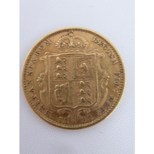 47 - A Victorian half sovereign gold coin, 1892, 4grms approx; and a George I 'Guinea', 4grms (2)