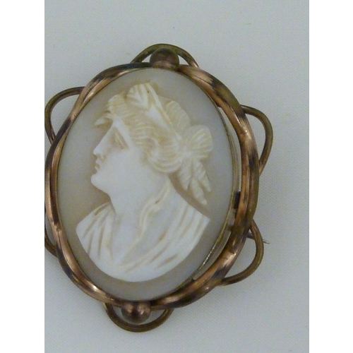 50 - Two cameo brooches, one set in a yellow metal frame marked 9ct; and a cameo set ring, the yellow met... 