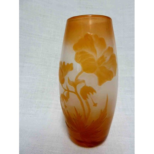 22 - Muller Freres Croismare - a cameo glass vase, of bellied cylindrical form, the orange overlay cut th... 