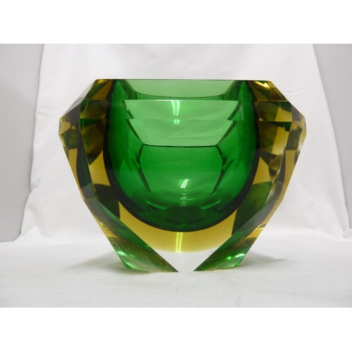 188 - A large Mandruzzato Sommerso glass bowl, facetted square section, the colours of bright Emerald gree... 