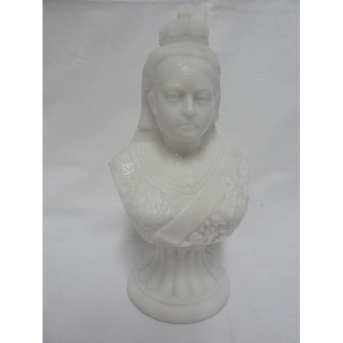 114 - Queen Victoria - an English white pressed glass bust portrait, modelled in elaborate costume with sa... 