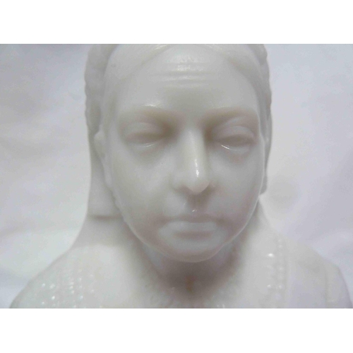 114 - Queen Victoria - an English white pressed glass bust portrait, modelled in elaborate costume with sa... 