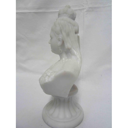 114 - Queen Victoria - an English white pressed glass bust portrait, modelled in elaborate costume with sa... 