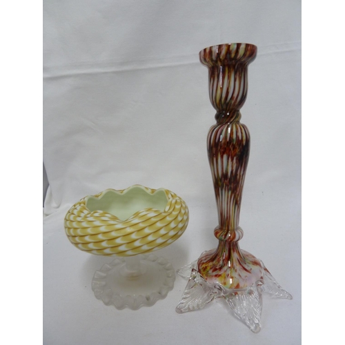 78 - Continental Glass - An End of Day glass socle candlestick, of ruby, yellow and green mottled glass o... 