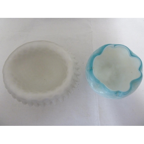 96 - Stourbridge Glass - Two satin air trap glass bowls: one white, of oval section and everted crimped r... 