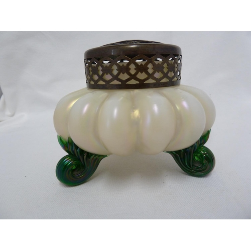 75 - Kralik - a white opalescent glass rose bowl, on three green rams horn feet and pierced metal cap gri... 