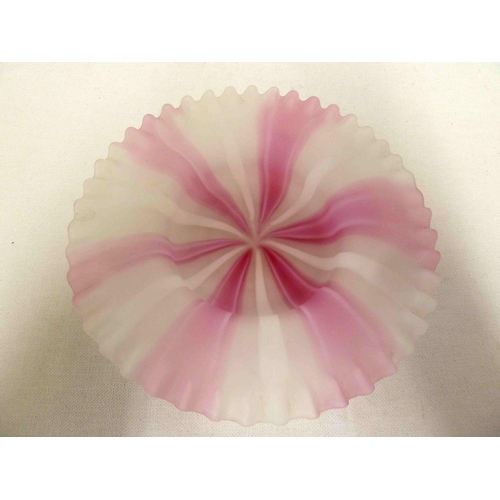 80 - Continental Glass - a Cleveland stripe glass dish or fairy lamp base, circular, of pink and white wi... 