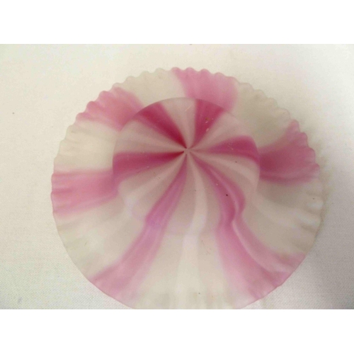 80 - Continental Glass - a Cleveland stripe glass dish or fairy lamp base, circular, of pink and white wi... 