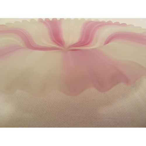 80 - Continental Glass - a Cleveland stripe glass dish or fairy lamp base, circular, of pink and white wi... 