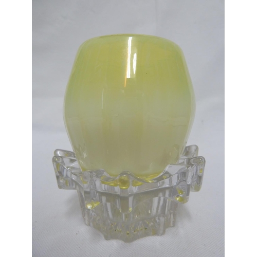 82 - Continental Glass - a vasaline glass fairy lamp shade, of bellied cylindrical form on a colourless c... 