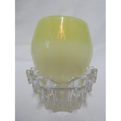 82 - Continental Glass - a vasaline glass fairy lamp shade, of bellied cylindrical form on a colourless c... 