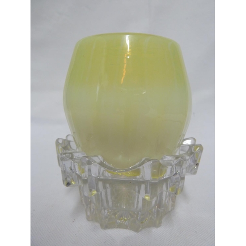 82 - Continental Glass - a vasaline glass fairy lamp shade, of bellied cylindrical form on a colourless c... 