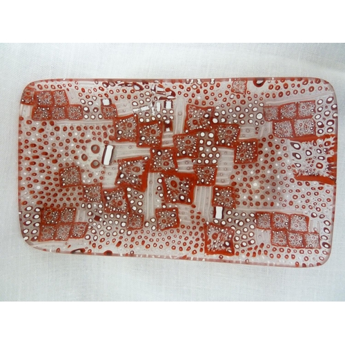 186 - Murano - a retro fused cane rectangular tray dish, formed of red and white patchwork canes, 27.5cm