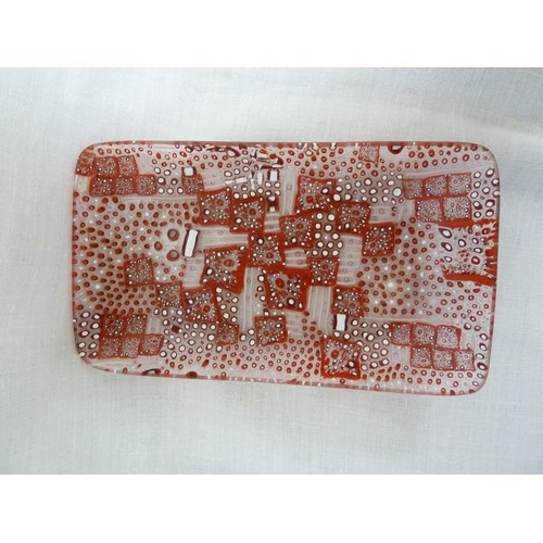 186 - Murano - a retro fused cane rectangular tray dish, formed of red and white patchwork canes, 27.5cm