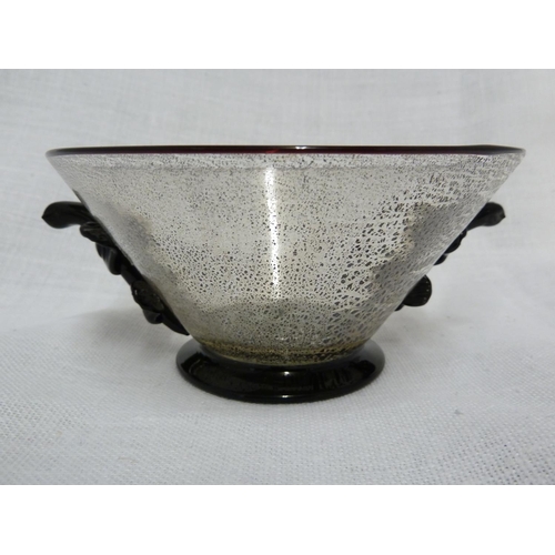 174 - Seguso - a bowl and a circular under plate, each of silver mica inclusion body with hot applied blac... 