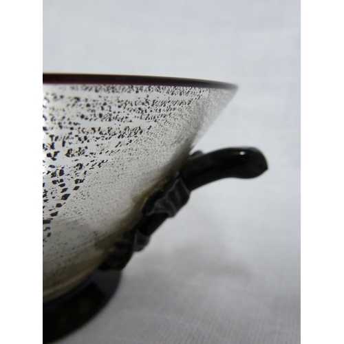 174 - Seguso - a bowl and a circular under plate, each of silver mica inclusion body with hot applied blac... 