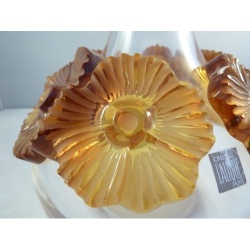 33 - Lalique - a Atossa flower vase, the colourless squat bottle form applied with high relief amber flow... 