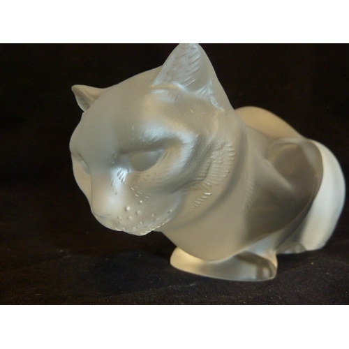 31 - Lalique - Le Chat, Couche, a large frosted glass figure of a cat crouching, hand engraved lalique fr... 