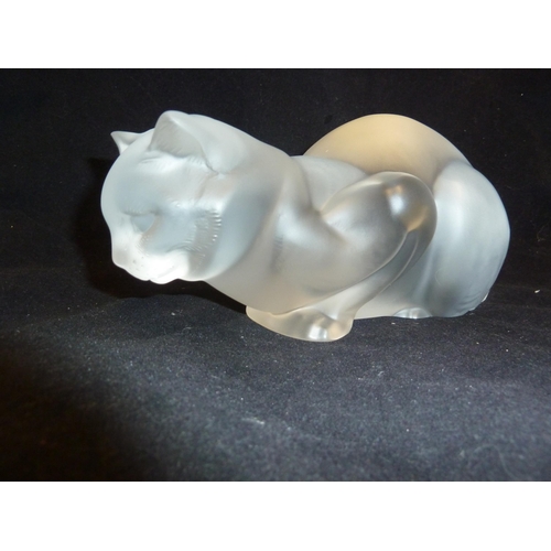 31 - Lalique - Le Chat, Couche, a large frosted glass figure of a cat crouching, hand engraved lalique fr... 