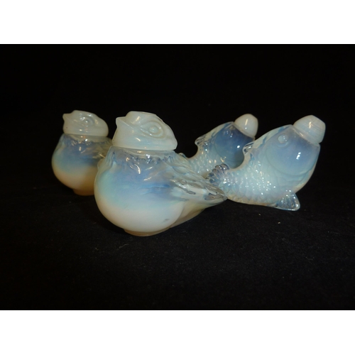 18 - Czechoslovakian Glass - a pair of opalescent salt and pepper pots of bird form; and another similar ... 