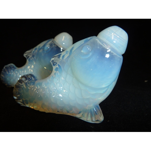 18 - Czechoslovakian Glass - a pair of opalescent salt and pepper pots of bird form; and another similar ... 