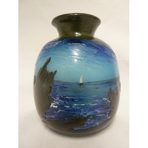 23 - Crist - an ovoid cameo and enamel glass vase, decorated with yachts seen from a rocky shoreline, sig... 