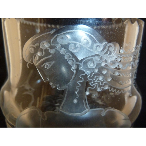 205 - Czechoslovakian Glass - a large stepped glass vase engraved with Diana the Huntress and a deer, sign... 