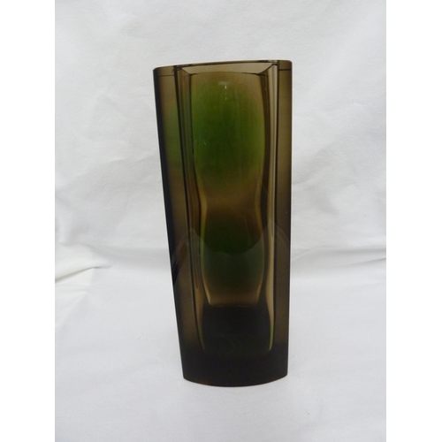 210 - Oldrich Lipsky for Exbor - a bow front glass vase in smoke colour with green optical spots, acid cut... 