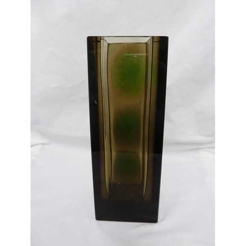 210 - Oldrich Lipsky for Exbor - a bow front glass vase in smoke colour with green optical spots, acid cut... 