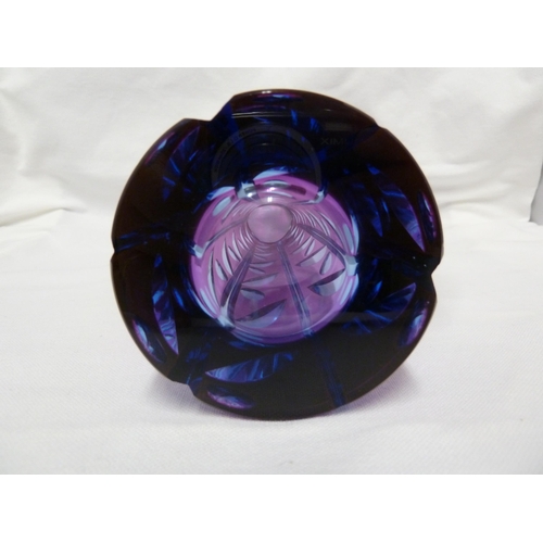 245 - Karel Wunsch - a cut glass cylinder vase, the fuschia overlay cut through to purple/blue with a styl... 