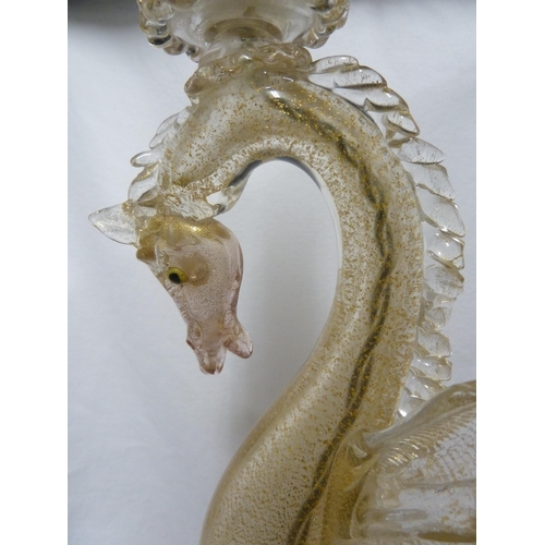 182 - Barovier - a seahorse form glass lamp base, colourless glass with gold inclusions, glass ithour fitt... 