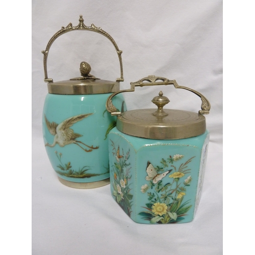 63 - Bohemian Glass - two turquoise glass biscuit barrels, enamelled in polychrome colours with a stork i... 