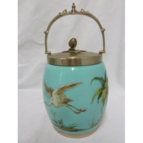 63 - Bohemian Glass - two turquoise glass biscuit barrels, enamelled in polychrome colours with a stork i... 