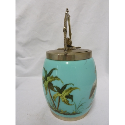 63 - Bohemian Glass - two turquoise glass biscuit barrels, enamelled in polychrome colours with a stork i... 