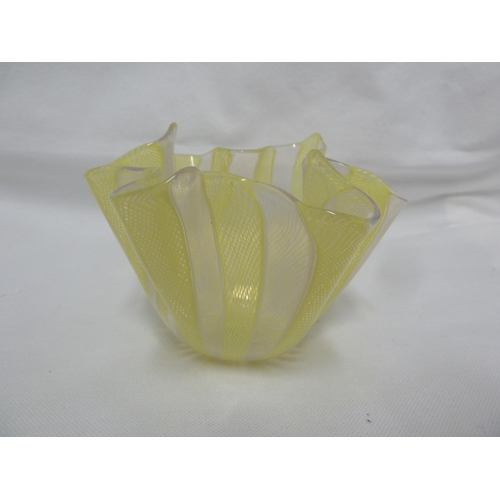 184 - Venini - a latticino glass handkerchief vase, white and yellow colors, unmarked, 12cm diam