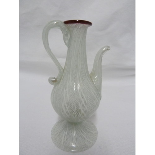 191 - Venetian Glass - a white latticino glass jug with raspberry red rim, c 1830, 14.2cm high