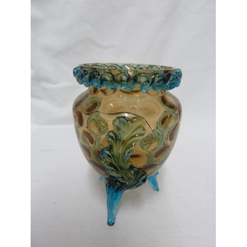 62 - Bohemian Glass - an amber glass vase applied with blue acanthus leaves on three feet; and an amber g... 