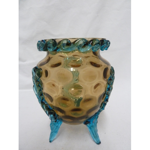 62 - Bohemian Glass - an amber glass vase applied with blue acanthus leaves on three feet; and an amber g... 