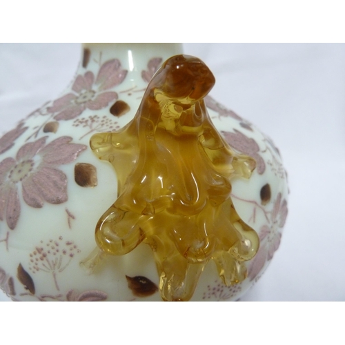 83 - Harrach - a cream glass vase of squat bottle form the frilled rim with amber glass trailing and enam... 