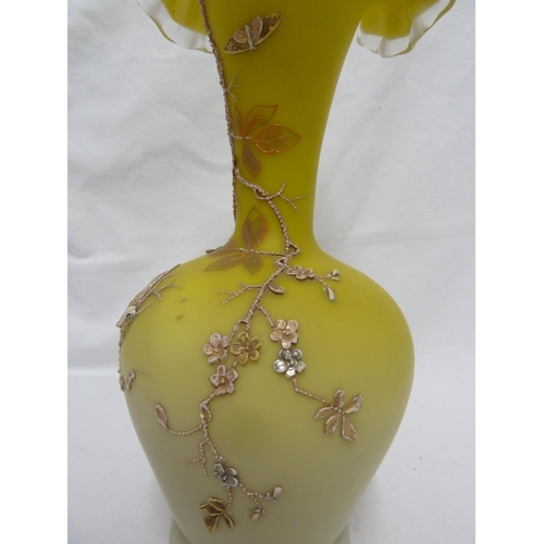 84 - Harrach - yellow frilled glass vase, of bottle form decorated with raised decoration of prunus and b... 