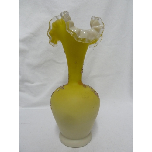 84 - Harrach - yellow frilled glass vase, of bottle form decorated with raised decoration of prunus and b... 