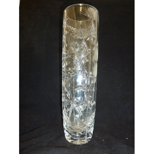 226 - Joseph Svarc - a thistle and cow parsley cut cylindrical vase, colourless glass, 30 cm high