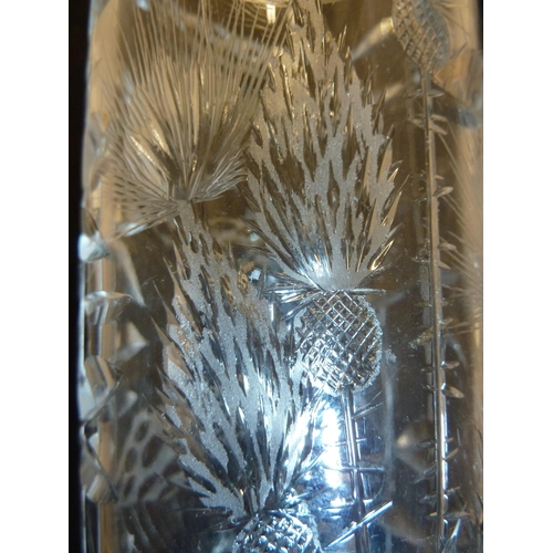 226 - Joseph Svarc - a thistle and cow parsley cut cylindrical vase, colourless glass, 30 cm high